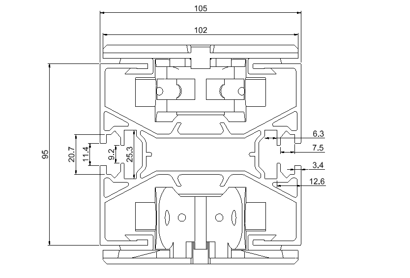 A cross-sectional view of an AP10 conveyor frame